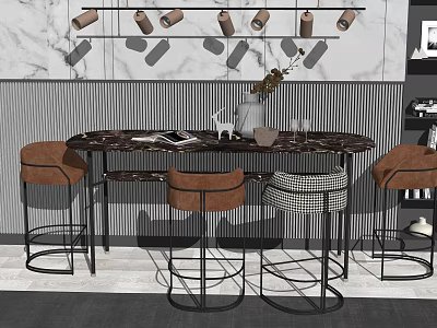 Modern Bar Counter with Marble Top and Stylish Stools Against Striped Wall and Pendant Lights 3d model