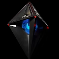 Modern Gaming Computer Case With Geometric Design Black Chassis Blue LED Lighting And Red Accents