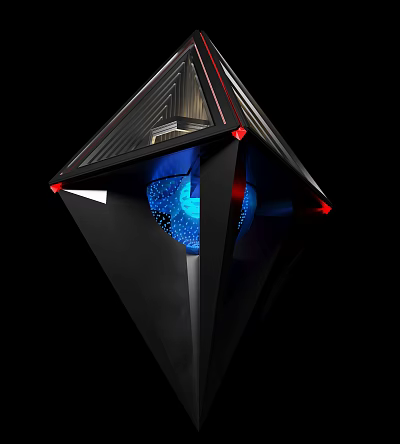 Modern Gaming Computer Case With Geometric Design Black Chassis Blue LED Lighting And Red Accents 3d model
