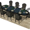 Elegant Oval Dining Table Set With Black Chairs Green Plates And Wavy Textured Rug
