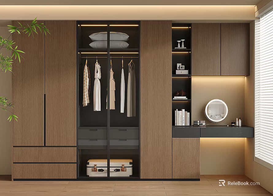 Modern Wooden Wardrobe with Hanging Area Drawers Shelves Round Mirror Lighting Strip and Bamboo Plant 3d model 