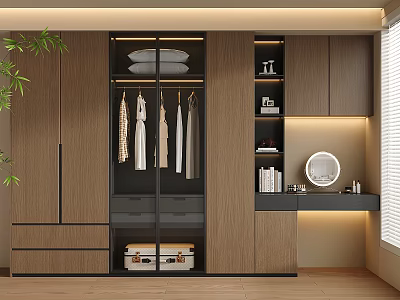 Modern Wooden Wardrobe with Hanging Area Drawers Shelves Round Mirror Lighting Strip and Bamboo Plant 3d model