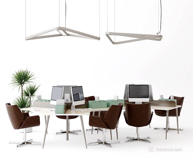 Modern Office Desk Setup With Multiple Computers Chairs Green Plant And Hanging Lights 3d model