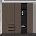 Modern Light Brown Wooden Built in Bookcase with Drawers Open Shelves Illuminated and Decorative Items