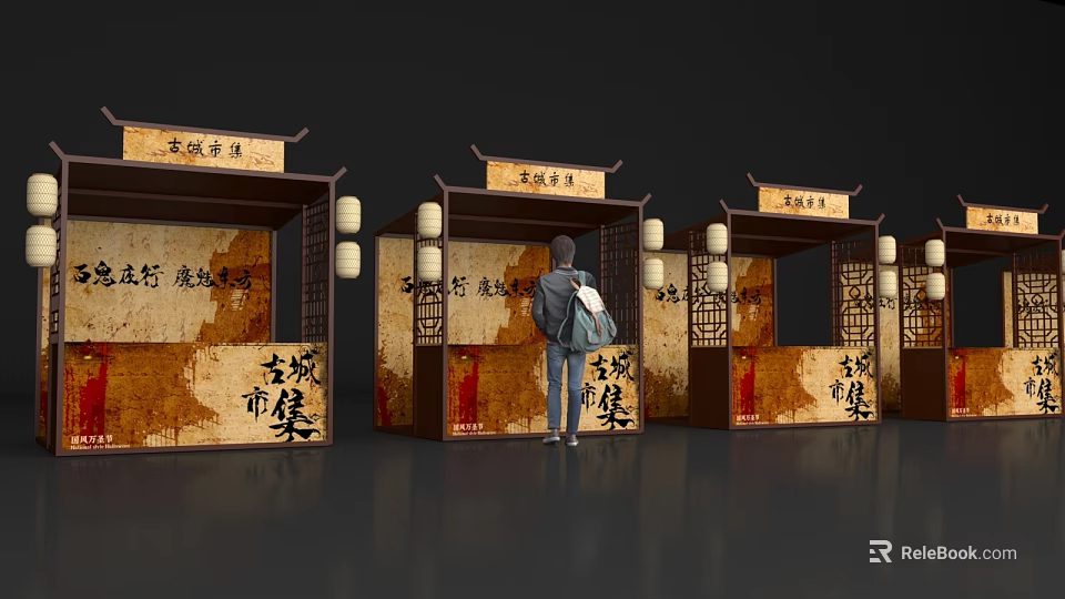 Traditional Ancient City Market Floor Display Featuring Vintage Stalls And Hanging Lanterns 3d model 