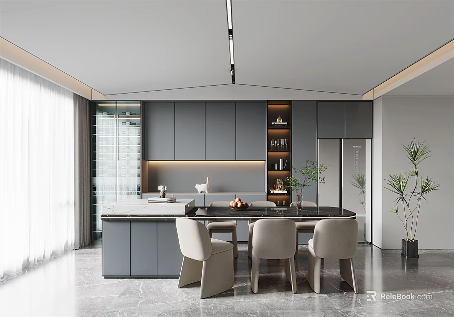 Modern Restaurant Dining Area With Open Layout Gray Cabinets Dining Table Chairs And Marble Countertop 3d model