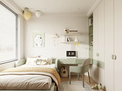 Bright Kids Room Interior Design With Bed Balloons Wall Art Desk Chair Blinds And Shelves 3d model