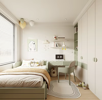 Bright Kids Room Interior Design With Bed Balloons Wall Art Desk Chair Blinds And Shelves 3d model