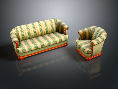 Elegant Classic Two Piece Fabric Sofa Set with Green Yellow Stripes and Wooden Frame 3d model