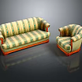 Elegant Classic Two Piece Fabric Sofa Set with Green Yellow Stripes and Wooden Frame