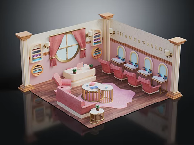 Dreamy Pink Salon Interior For Clients With Chairs Mirrors Tables And Bookshelves 3d model