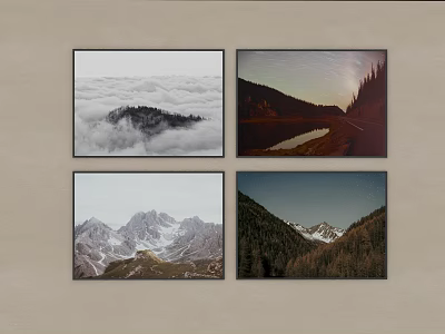 Scenic Landscape Paintings Featuring Cloudy Mountains Aurora Lake Snowy Peaks And Forest Views 3d model