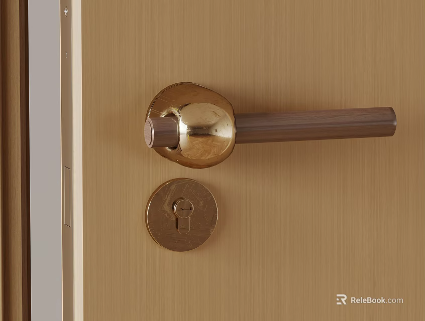 Elegant Brushed Brass Door Handle On Wooden Door With Keyhole Detail 3d model 