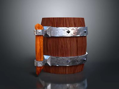 Vintage Wooden Barrel With Metal Bands Wooden Handle And Decorative Rivets 3d model