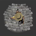 Character Wearing Straw Hat Yellow Striped Shirt Blue Shorts Holding Camera on Gray Stone Platform