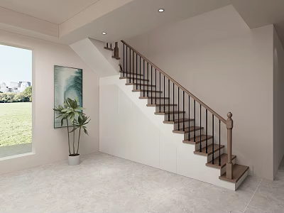 Staircase With Wooden Handrail And Steps Large Window Green Lawn Cityscape Potted Plant White Walls 3d model