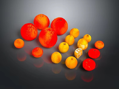 Pile of Fresh Red and Orange Citrus Fruits Including Oranges and Tangerines on Dark Surface 3d model