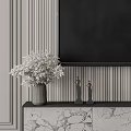 Elegant Modern TV Background Wall With Vertical Stripes Gypsum Lines Marble TV Stand Vase Sculpture