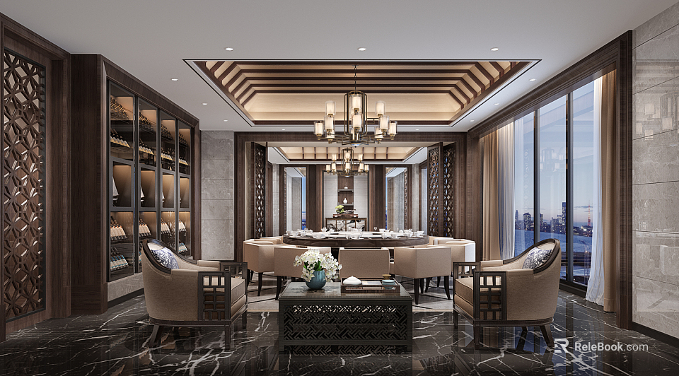 Luxurious Private Dining Room With Chandelier Wine Cabinet City View And Floor to Ceiling Windows 3d model 