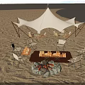 Outdoor Sunshade Canopy On Sandy Beach With Bonfire Pit Chairs And Tables