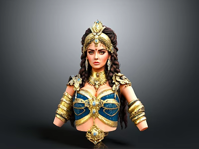 Woman In Ornate Blue And Gold Costume With Intricate Headpiece And Jewelry 3d model