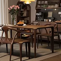 Modern Wooden Dining Table Set With Chairs Bench Vase Fruit And Coffee