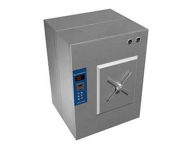 Stainless Steel Industrial Equipment With Cross Handle Door And Blue Control Panel 3d model