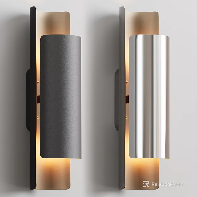 Modern Gray and Silver Wall Lamps with Sleek Design and Warm Light Glow on Wall 3d model 