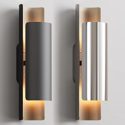 Modern Gray and Silver Wall Lamps with Sleek Design and Warm Light Glow on Wall 3d model