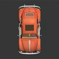 Orange Cartoon Style Beetle Car with White Stripe Yellow Seats on Black Background with Reflection