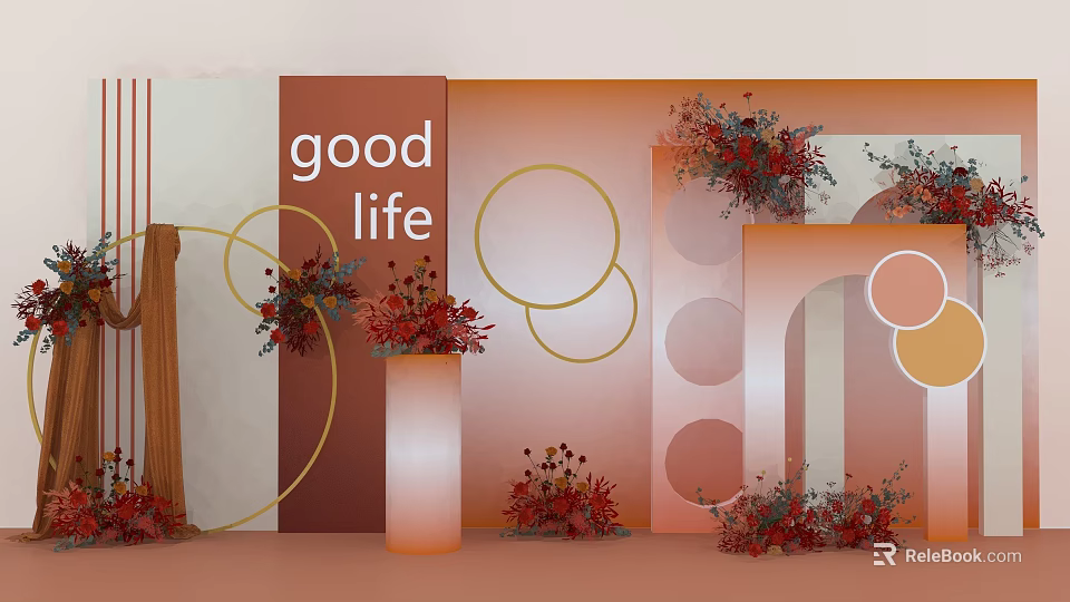 Good Life Themed Interior With Warm Orange Brown Background Circular Decorations And Red Floral Arrangements 3d model 