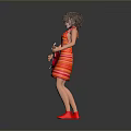Woman with curly hair wearing sunglasses and orange striped dress playing red electric guitar