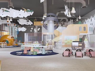 Modern Kindergarten Interior With Slide Cloud Decorations Colorful Seats And Toy Cars 3d model