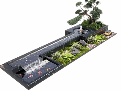 Garden Water Fountain With Flowing Water Koi Fish Green Plants And Bonsai Tree 3d model