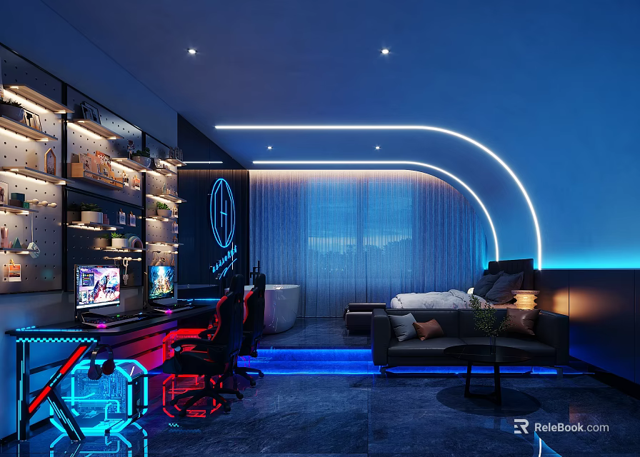 Gaming Themed Hotel Room With Computer Setup Ergonomic Gaming Chair Neon Lights And Blue Ambient Lighting 3d model 