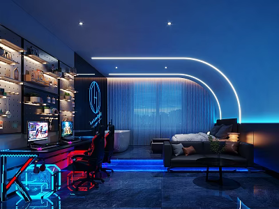 Gaming Themed Hotel Room With Computer Setup Ergonomic Gaming Chair Neon Lights And Blue Ambient Lighting 3d model