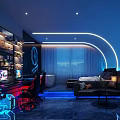 Gaming Themed Hotel Room With Computer Setup Ergonomic Gaming Chair Neon Lights And Blue Ambient Lighting