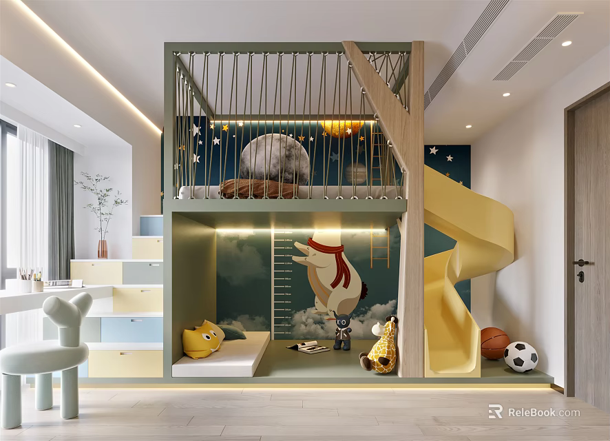 Colorful Kids Room Interior With Bunk Bed Slide Stairs And Cartoon Bear Toys 3d model 