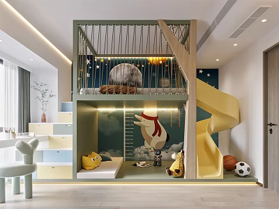 Colorful Kids Room Interior With Bunk Bed Slide Stairs And Cartoon Bear Toys 3d model