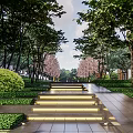 Residential Landscape Design With Stone Steps Lush Trees Greenery Shrubs And Paved Pathway