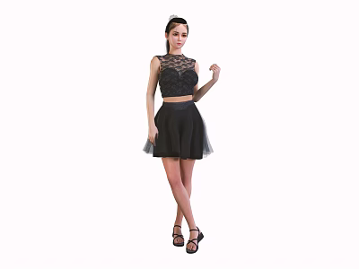 Elegant Woman Posing in Black Lace Top and Short Skirt with Sandals 3d model