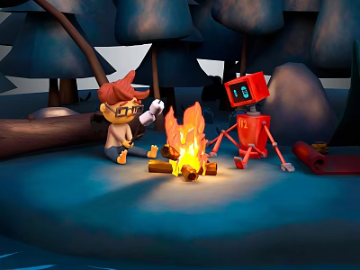 Cartoon Scene of Kid with Glasses and Red Robot Sitting by Campfire 3d model
