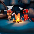 Cartoon Scene of Kid with Glasses and Red Robot Sitting by Campfire
