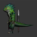 Green Scaled Game Character With Spiked Armor Weapon And Shield Design 3d model