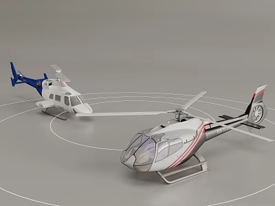 Two Detailed Helicopter Models Displayed On Circular Platform With White Lines 3d model