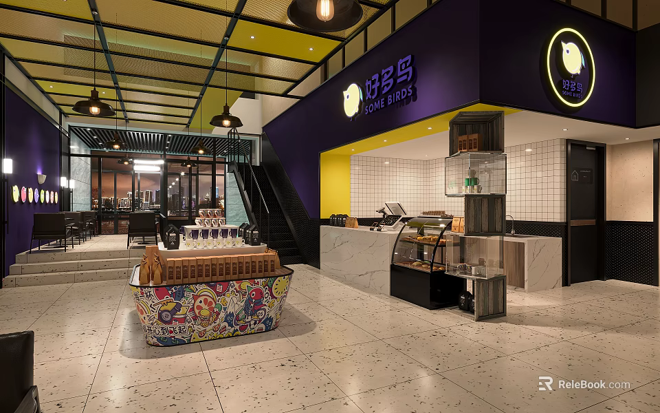 Modern Milk Tea Shop Interior With Purple Yellow Walls Counter Display Case And Hanging Lights 3d model 