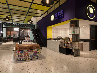 Modern Milk Tea Shop Interior With Purple Yellow Walls Counter Display Case And Hanging Lights 3d model