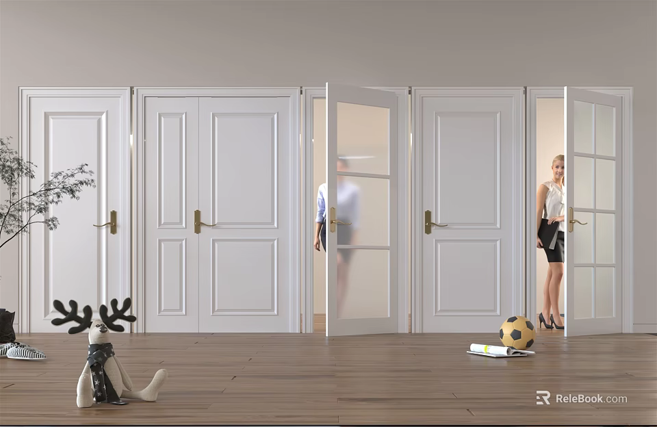 White Hinged Doors With Glass Panels In Modern Interior Space With Wooden Flooring 3d model 