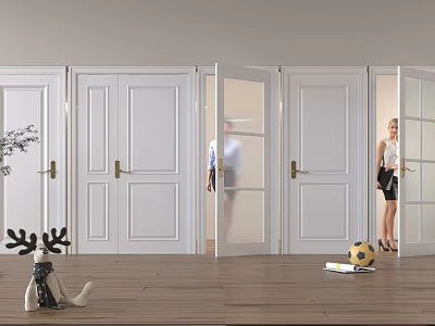 White Hinged Doors With Glass Panels In Modern Interior Space With Wooden Flooring 3d model