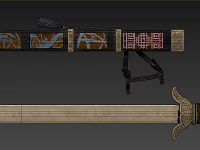 Traditional Handcrafted Weapons Sword And Bow With Intricate Carved Patterns And Wooden Handles 3d model